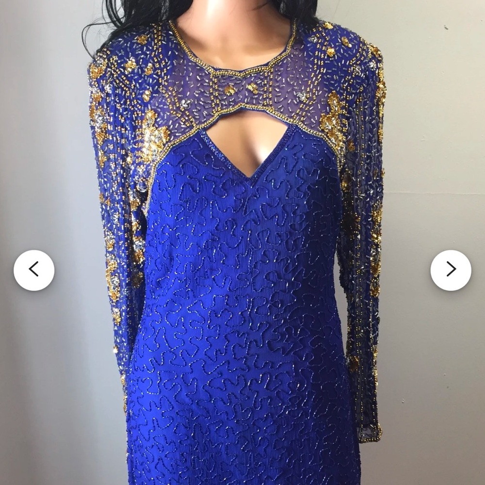 Vintage Lawrence Kazar Art Deco Royal Blue Gold Beaded Silk Dress Long Sleeves L